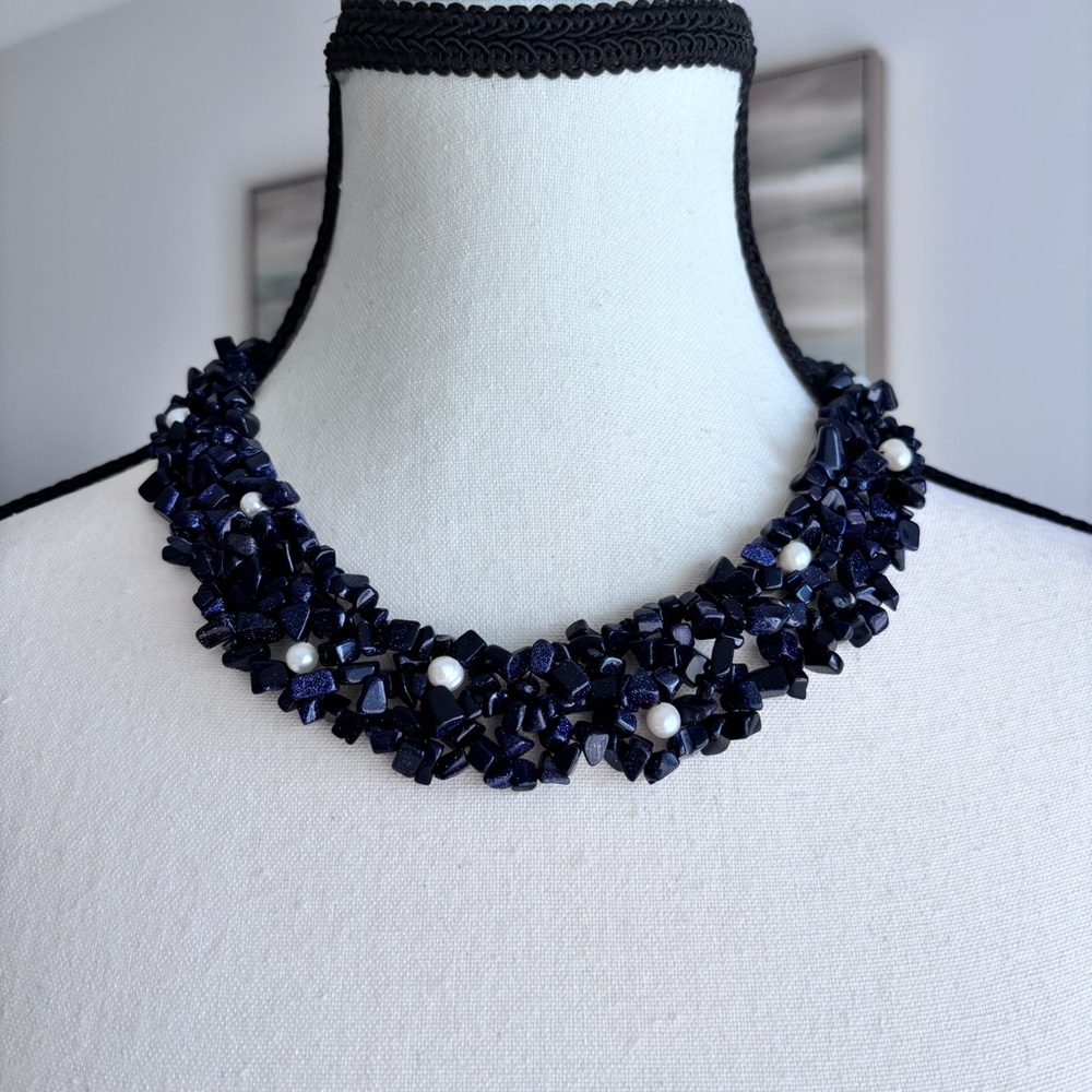 Handcrafted Navy Blue Beaded Statement Necklace with Pearl Accents